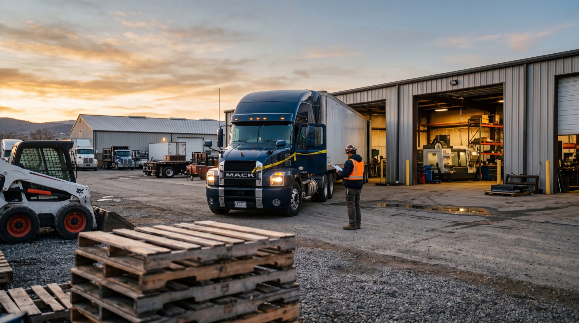 A commercial fleet yard at golden hour — Class 8 tractor with trailer alongside a skid-steer loader and warehouse equipment bay