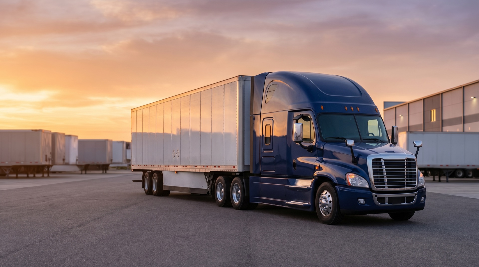 A Class 8 commercial tractor coupled to a refrigerated trailer at a fleet yard